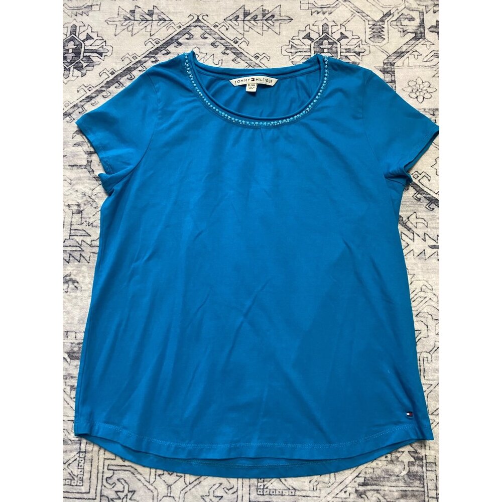 Vintage‎ Tommy Hilfiger Womens XL Blue Cotton Beaded Scoop Neck Short Sleeve Top